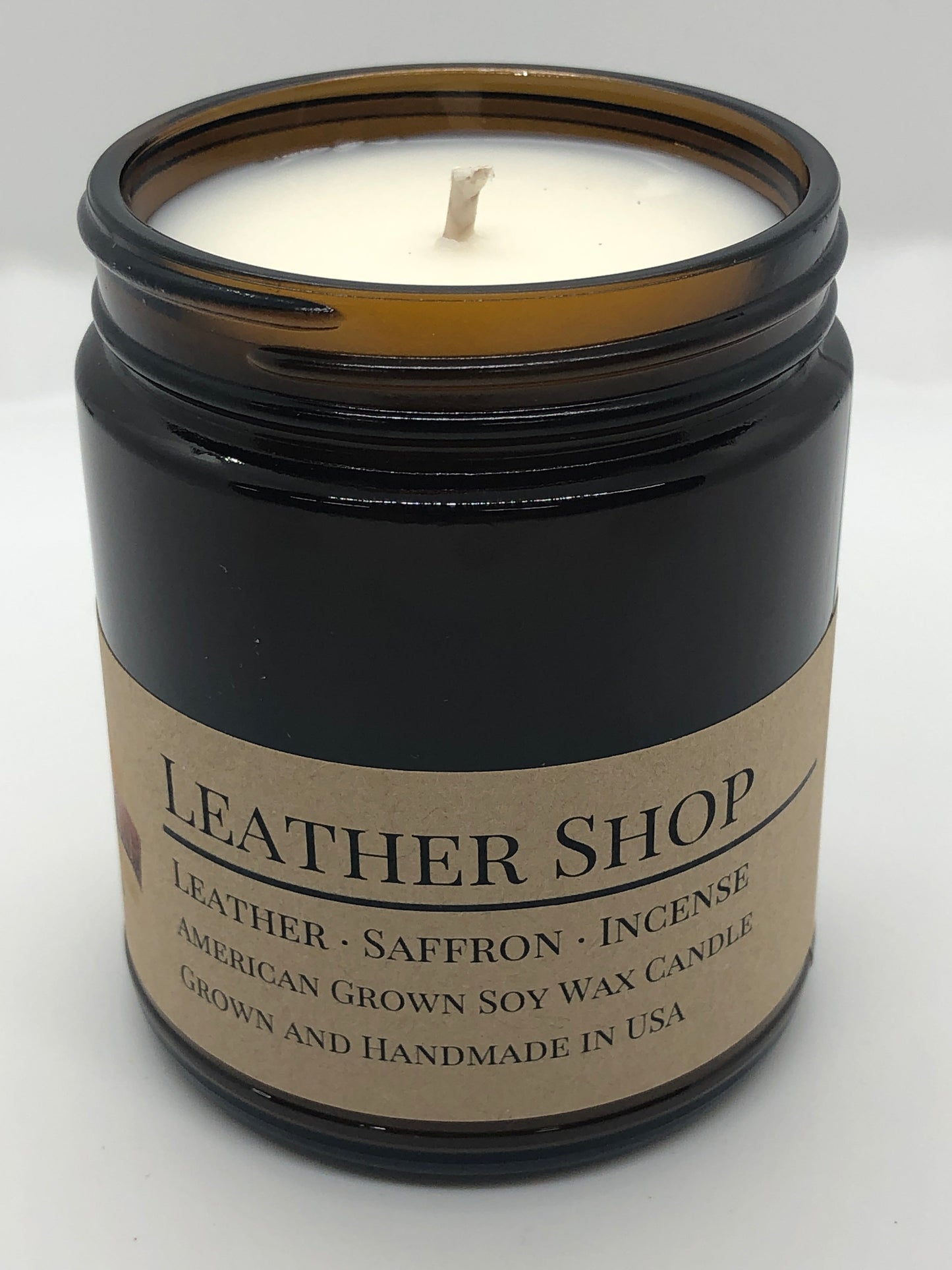 Leather Shop Soy Candle | 9 oz Amber Apothecary Jar