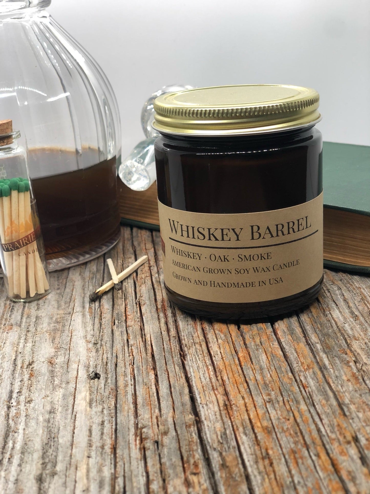 Whiskey Barrel Soy Candle | 9 oz Amber Apothecary Jar