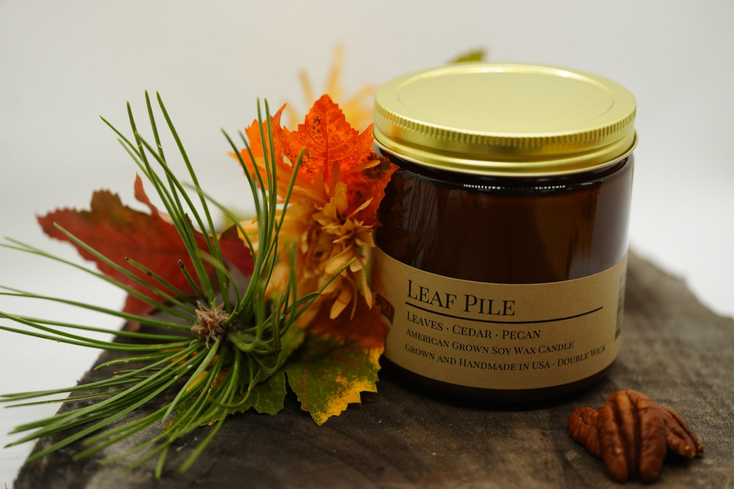 Leaf Pile Soy Candle | 16 oz Double Wick Amber Apothecary Jar