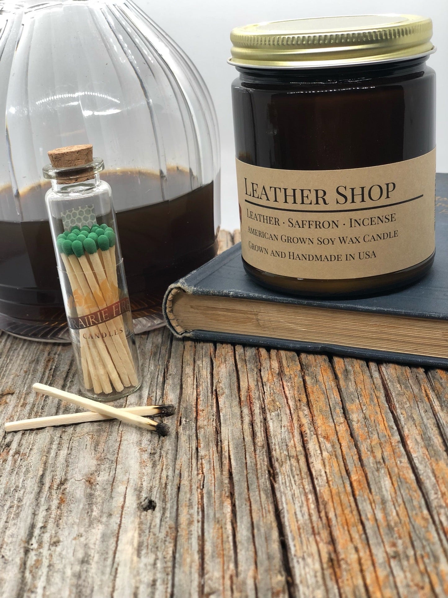 Leather Shop Soy Candle | 9 oz Amber Apothecary Jar