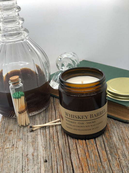 Whiskey Barrel Soy Candle | 9 oz Amber Apothecary Jar