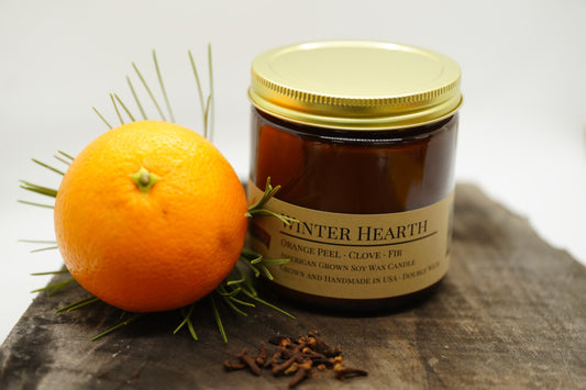 Winter Hearth Soy Candle | 16 oz Double Wick Amber Apothecary Jar