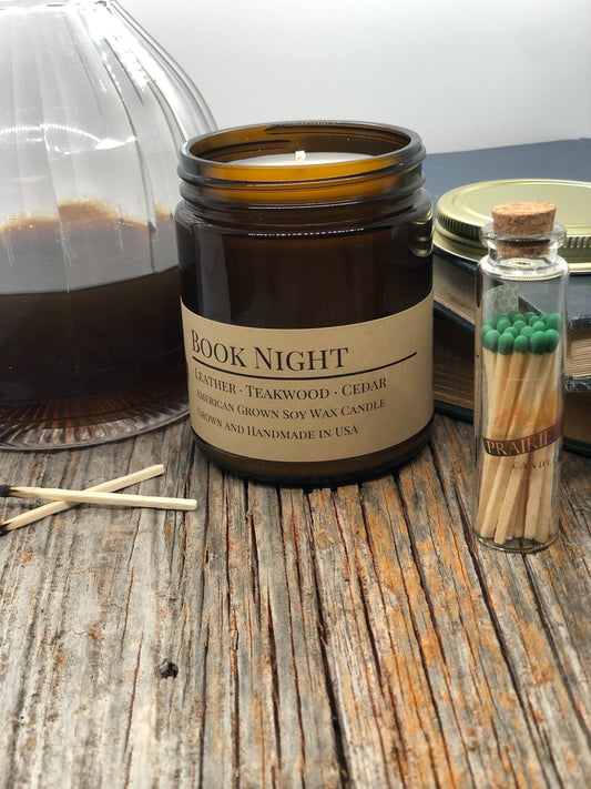 Book Night Soy Candle | 9 oz Amber Apothecary Jar