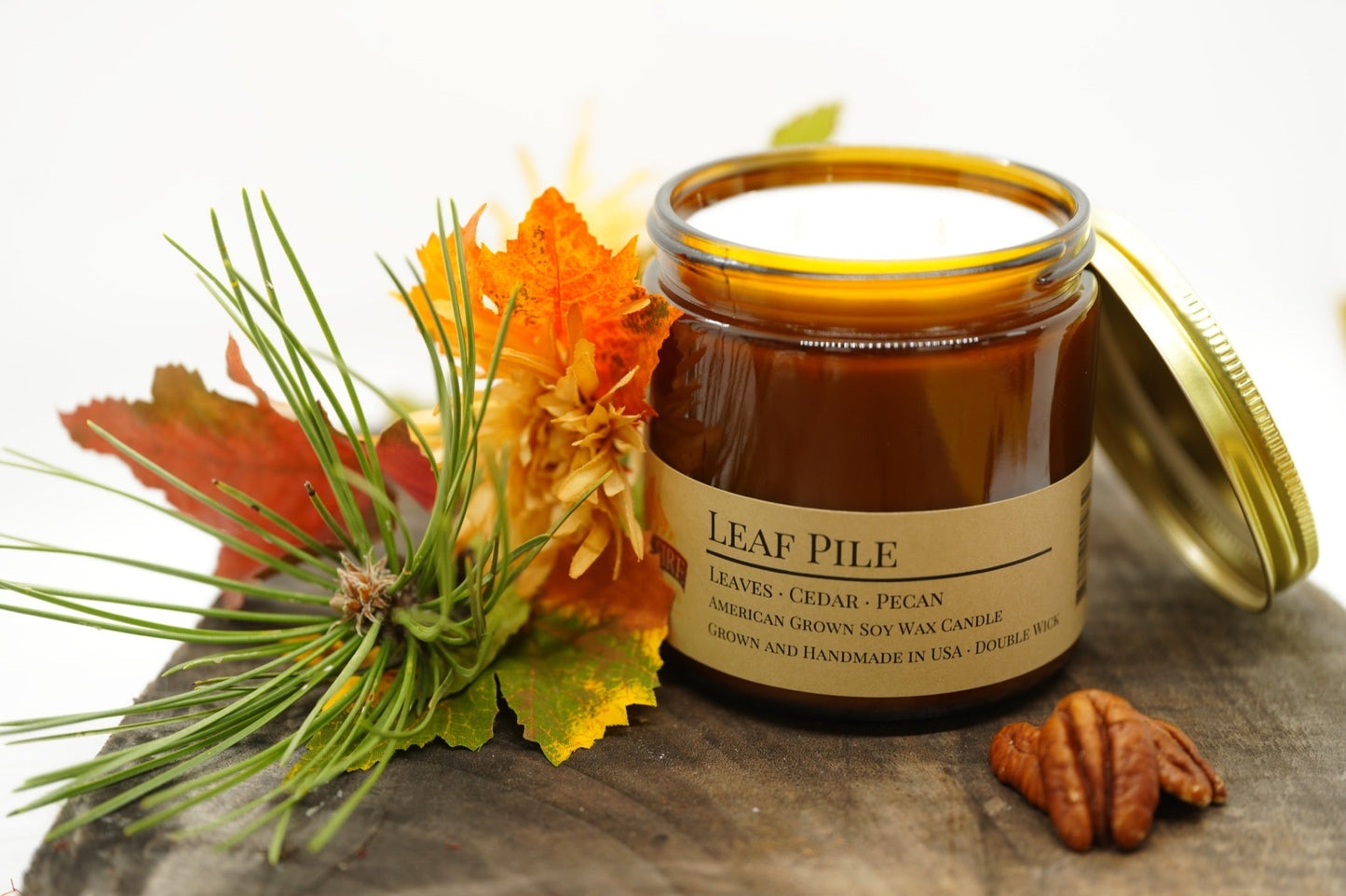 Leaf Pile Soy Candle | 16 oz Double Wick Amber Apothecary Jar