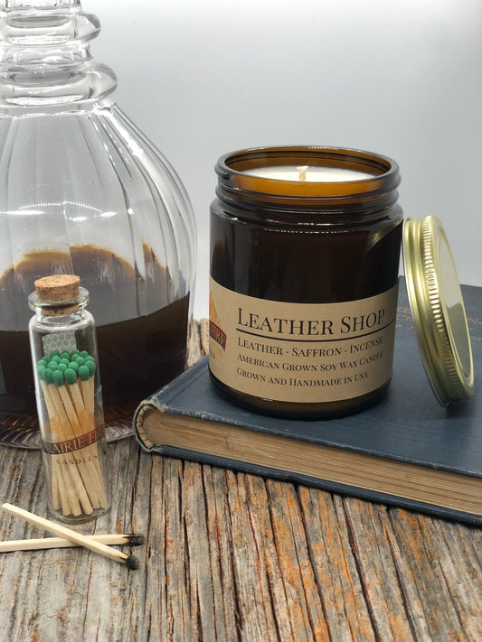 Leather Shop Soy Candle | 9 oz Amber Apothecary Jar