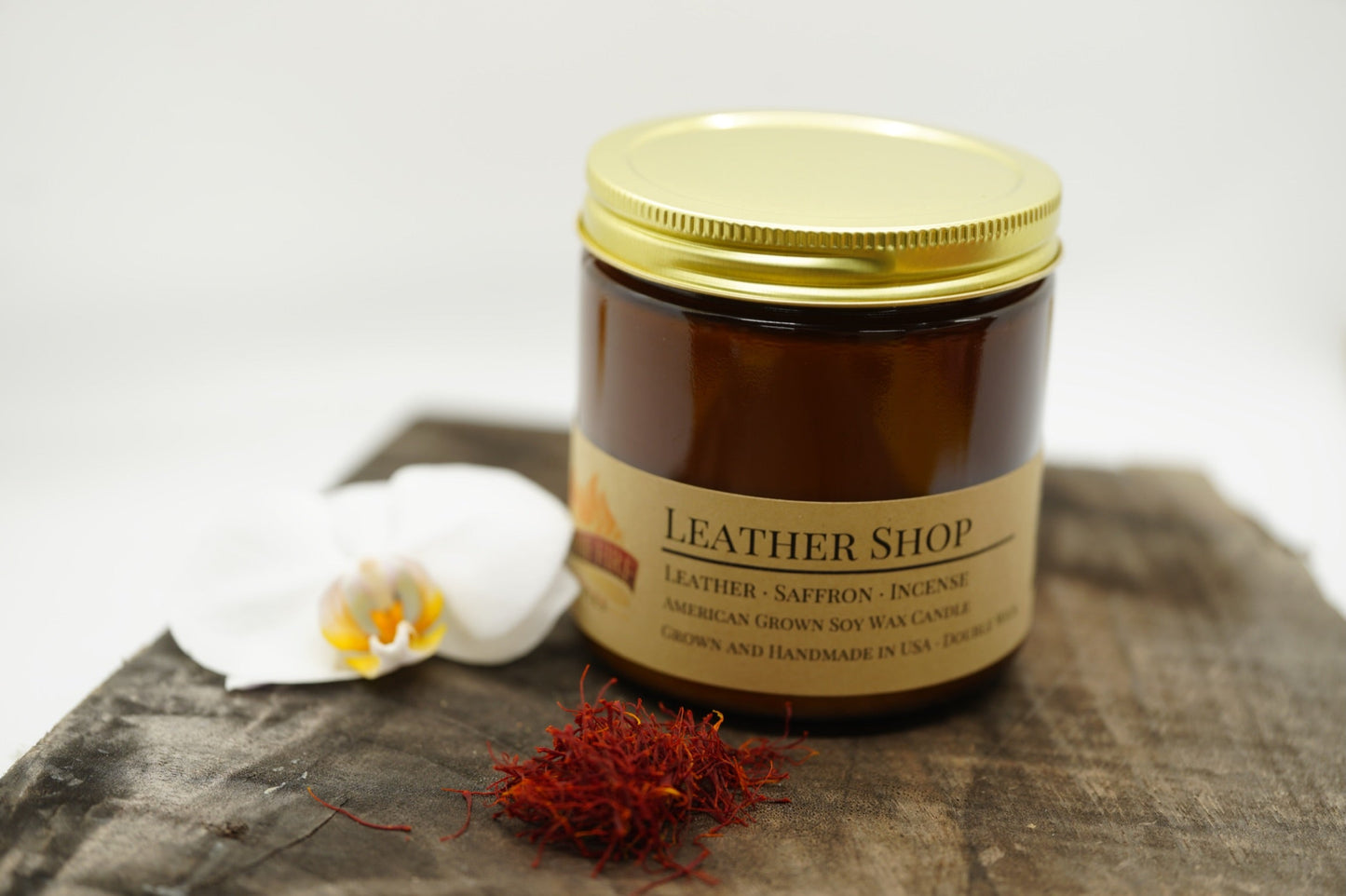 Leather Shop Soy Candle | 16 oz Double Wick Amber Apothecary Jar