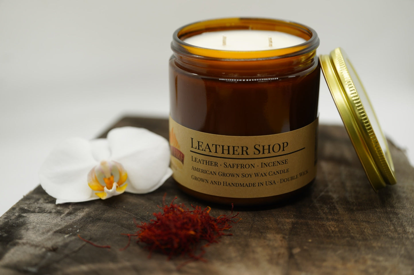 Leather Shop Soy Candle | 16 oz Double Wick Amber Apothecary Jar