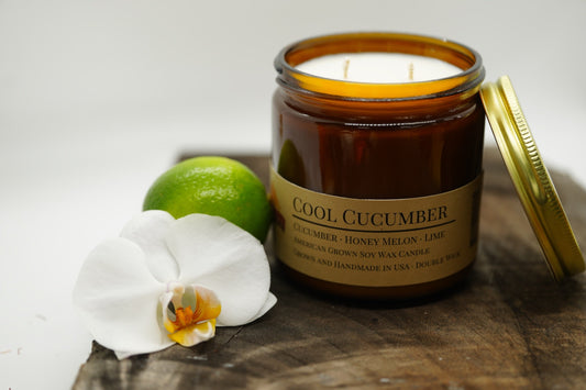 Cool Cucumber Soy Candle | 16 oz Double Wick Amber Apothecary Jar