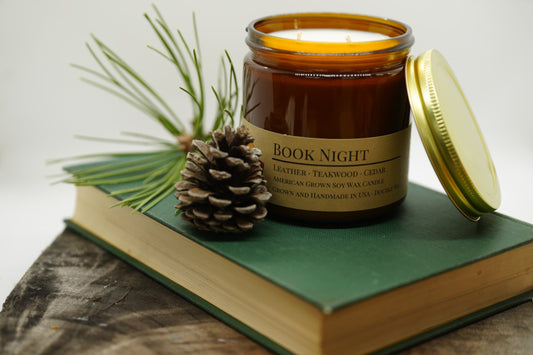 Book Night Soy Candle | 16 oz Double Wick Amber Apothecary Jar